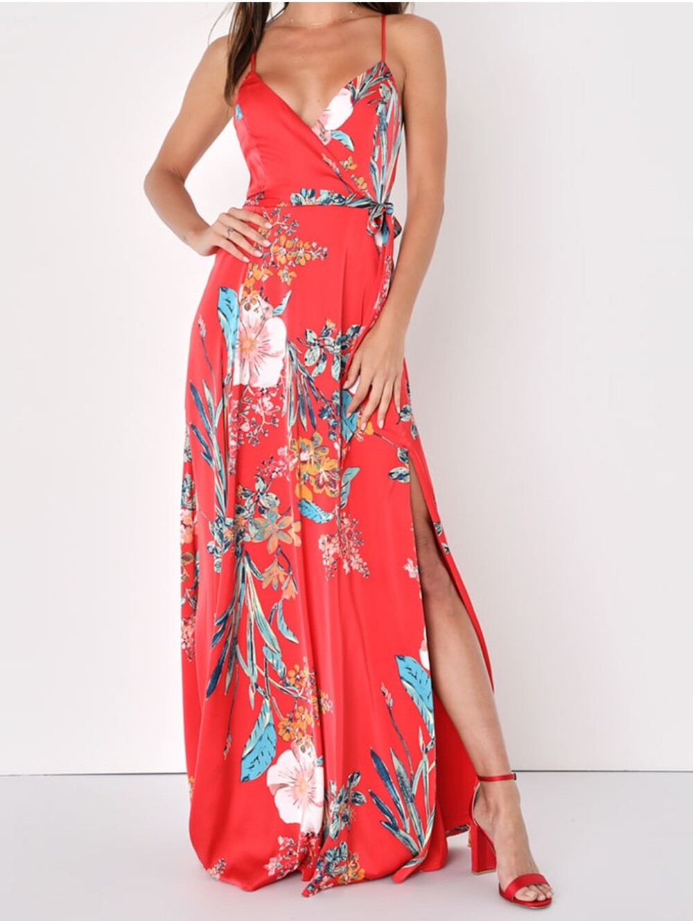 Lulu's Favorite Still The One Floral Wrap Maxi Dress in Red